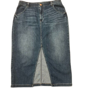 Wash Lab Denim Midi Jean Skirt Size 32 (14) Pencil Front Slit Faded Whiskering